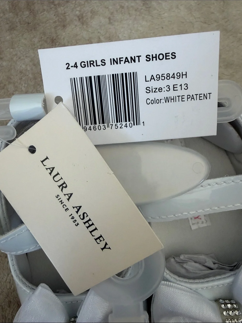 Laura Ashley White Patent Girls' Bow Mary Janes with Rhinestone Accent